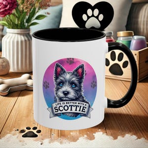 Life Is Better With a Scottie Mug Scottish Terrier Lover Gift Cute Ceramic Coffee Cup with Pink Handle and Interior Dog Mom Gift Idea