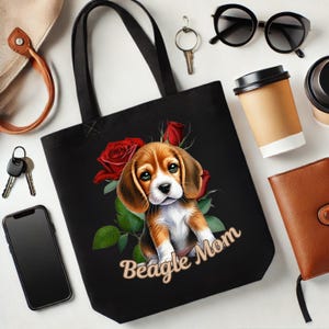 Beagle Mom Tote Bag Gift for Dog Lovers Floral Beagle Art Beach Bag for Pet Parents Reusable Travel Tote Cute Dog Mom Accessory