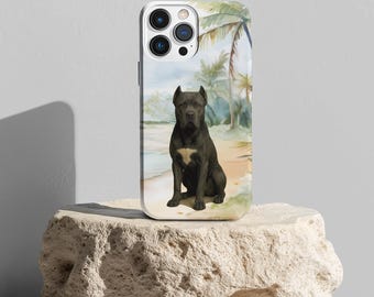 Telefoonhoesje met Cane Corso-print voor iPhone en Android, robuust ontwerp, zwart, Cane Corso stranddesign, ideaal cadeau voor hondenliefhebbers en huisdiereigenaren.
