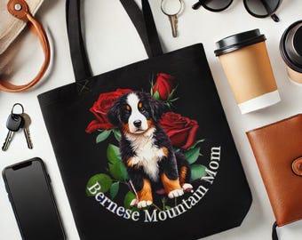 Bolso de mano para mamá de perro de montaña bernés para mujer, bonito regalo para amantes de las mascotas, bolso de lona negra con rosas rojas, bolso de hombro para compras con la raza del perro.