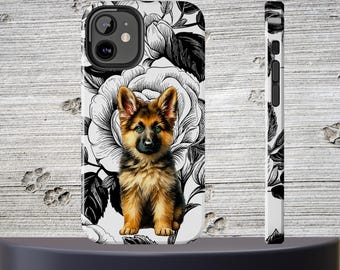 Deutscher Schäferhund Welpe Hund Handyhülle iPhone oder Android Floral Case Geschenk für Hundemutter Haustier-Liebhaber Robuste stoßfeste Schutzhülle