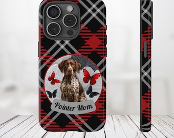 Handyhülle mit rot-kariertem Design für Deutsch Kurzhaar-Fans – das perfekte Geschenk für Hundeliebhaberinnen! Mit Schmetterlingsmotiv, robuster Schutzhülle für iPhone und Android.