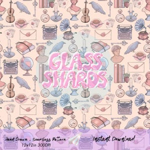 May include: A seamless pattern featuring a variety of vintage objects, including books, typewriters, a gramophone, a globe, a violin, a raven, a cup of coffee, playing cards, keys, and a candle. The background is a light peach color. The text "GLASS SHARDS" is written in pink 3D letters.
