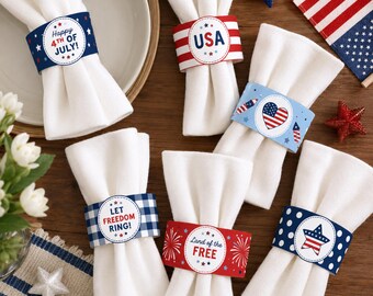 Printable 4th of July Napkin Rings | Patriotic Table Decor | Independence Day Party Decorations | BBQ Table Decorations
