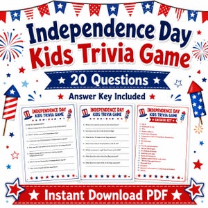 Independence Day Kids Trivia Game Printable, 4th of July Party Game for Children, Patriotic Trivia Questions, Answer Key PDF