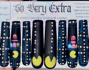 Pac Man Glow in the Dark Press On Nails 80’s Classic Arcade Games