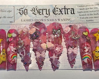 Cheer Bear Press On Nails: Pink Glitter Junk Nails