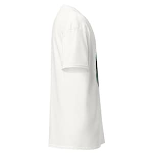 May include: A white t-shirt with a crew neck and short sleeves. The shirt is made of a soft material and has a slightly textured appearance. The side view shows the shirt's shape and design.