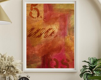 Abstracte mixed media collagekunstdruk: rood, oranje expressionistische giclee