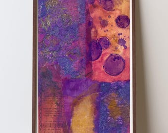 Abstracte collagekunstdruk: paars, rood, geel decor, gemengde techniek
