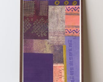 Abstracte collage-gicleeprint: violet en blauw hedendaagse muurkunst