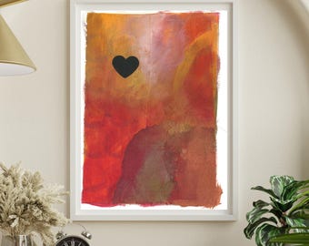 Abstracte hart-gicleeprint: oranje mixed media collagekunst