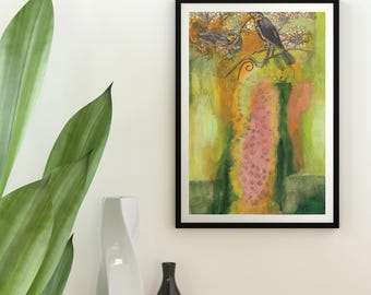 Abstracte vogelcollageprint: hedendaagse muurkunst mixed media