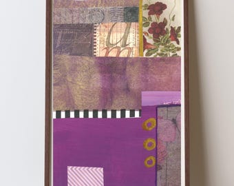 Handgemaakte collagekunstdruk: abstract geometrisch paars muurdecor