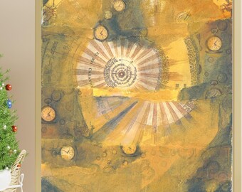 Kunstprint klokthema: abstracte mixed media-collage, modern wanddecor