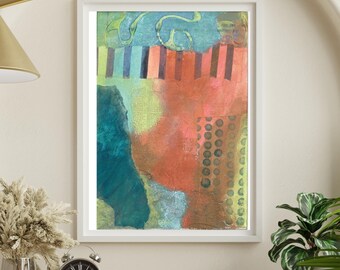 Abstracte collagekunstdruk: kleurrijke giclee met gemengde techniek