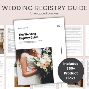 May include: A guide for engaged couples on creating a wedding registry. The cover features a bride holding a bouquet of flowers and the text "The Wedding Registry Guide" and "Includes 350+ Product Picks".