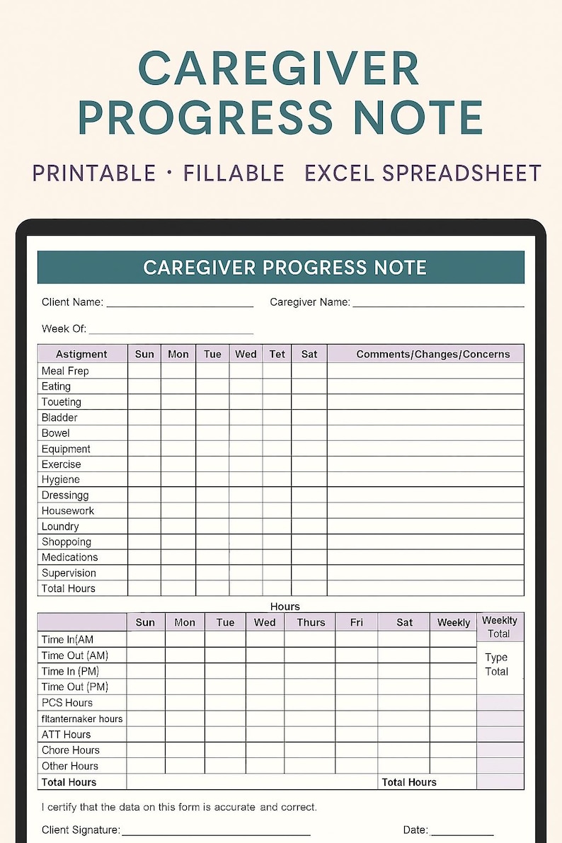 Caregiver Progress Note | Printable Excel Template, Weekly Care Log ...