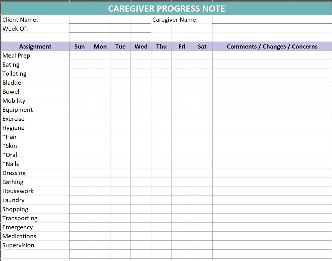 Caregiver Progress Note | Printable Excel Template, Weekly Care Log - Etsy