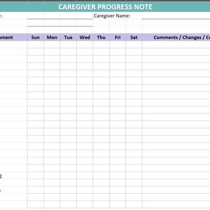 Caregiver Progress Note | Printable Excel Template, Weekly Care Log - Etsy