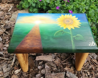 Step Stool / Foot Bench, Handcrafted Hand Painted "Hope On The Horizon" Stained Red Oak on Cherry Wood, Generational High- Quality Furniture