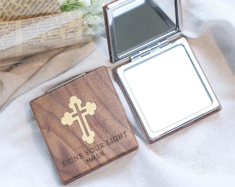 Miroir compact en bois inspiré de la foi - Cadeau chrétien personnalisé pour femme, verset biblique gravé, cadeau d'affirmation