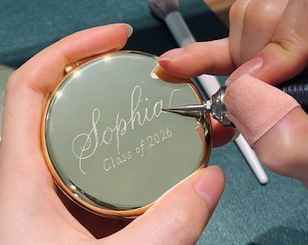 Hand-Engraved Calligraphy Graduation Gift (Class of 2026), Personalized Gold Compact Mirror, Custom Senior Gift with Name