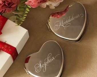 Hand-Engraved Heart Compact Mirror, Personalized Bridesmaid Gift, Custom Calligraphy Name, Mother's Day Gift