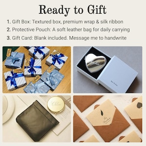 May include: The image showcases gift-ready items. It includes wrapped boxes with blue ribbons, a heart-shaped compact mirror in a box, a black leather pouch, and gift cards in envelopes. The text "Ready to Gift" is at the top.