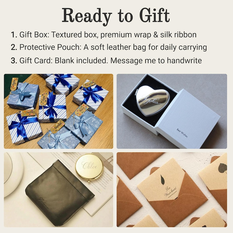 May include: The image showcases gift-ready items. It includes wrapped boxes with blue ribbons, a heart-shaped compact mirror in a box, a black leather pouch, and gift cards in envelopes. The text "Ready to Gift" is at the top.