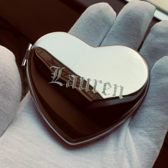 Personalized Heart Mirror, Hand-Engraved Gothic Name Compact, Maid of Honor Keepsake