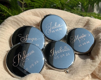 100% handgeschriebene Kalligraphie und handgravierter Taschenspiegel, personalisiertes Geschenk für Brautjungfer, kundenspezifische Hochzeitsgeschenke