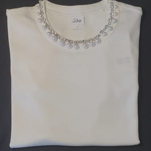 Hand-sewn Sparkling Crystal and Pearl Crew Neck T-Shirt, Women’s 100% Cotton White Tee, Elegant Fashion Statement Top, Ladies Tee
