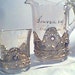 SALE Pitcher, Water Wisky Set. American Vintage Flash Glass Gold,Amethyst Button.Shell Jewel design. Ships Free UsA.