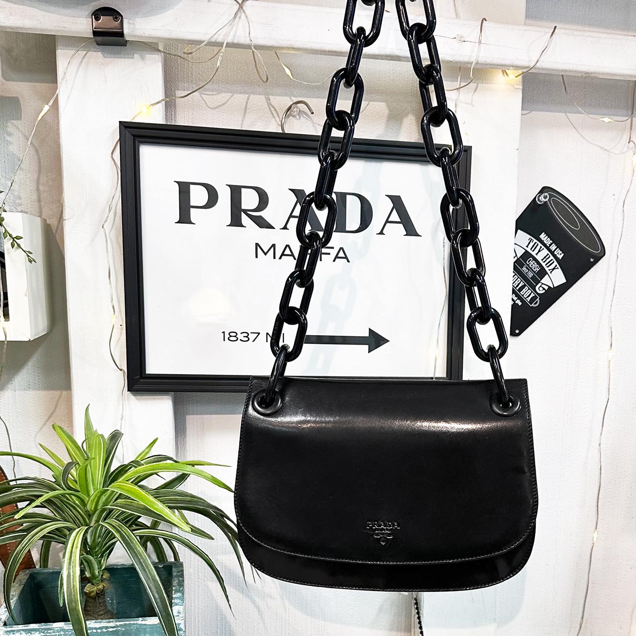PRADA Vintage Madras Swing Leather Shoulder Bag With Plastic Chain 