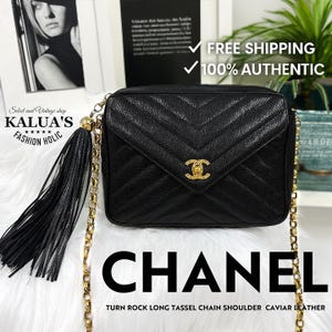Vintage CHANEL Black Caviar Skin Chevron Tassel Crossbody Bag – Turn Lock Bijou Chain Shoulder Purse 1991〜1994