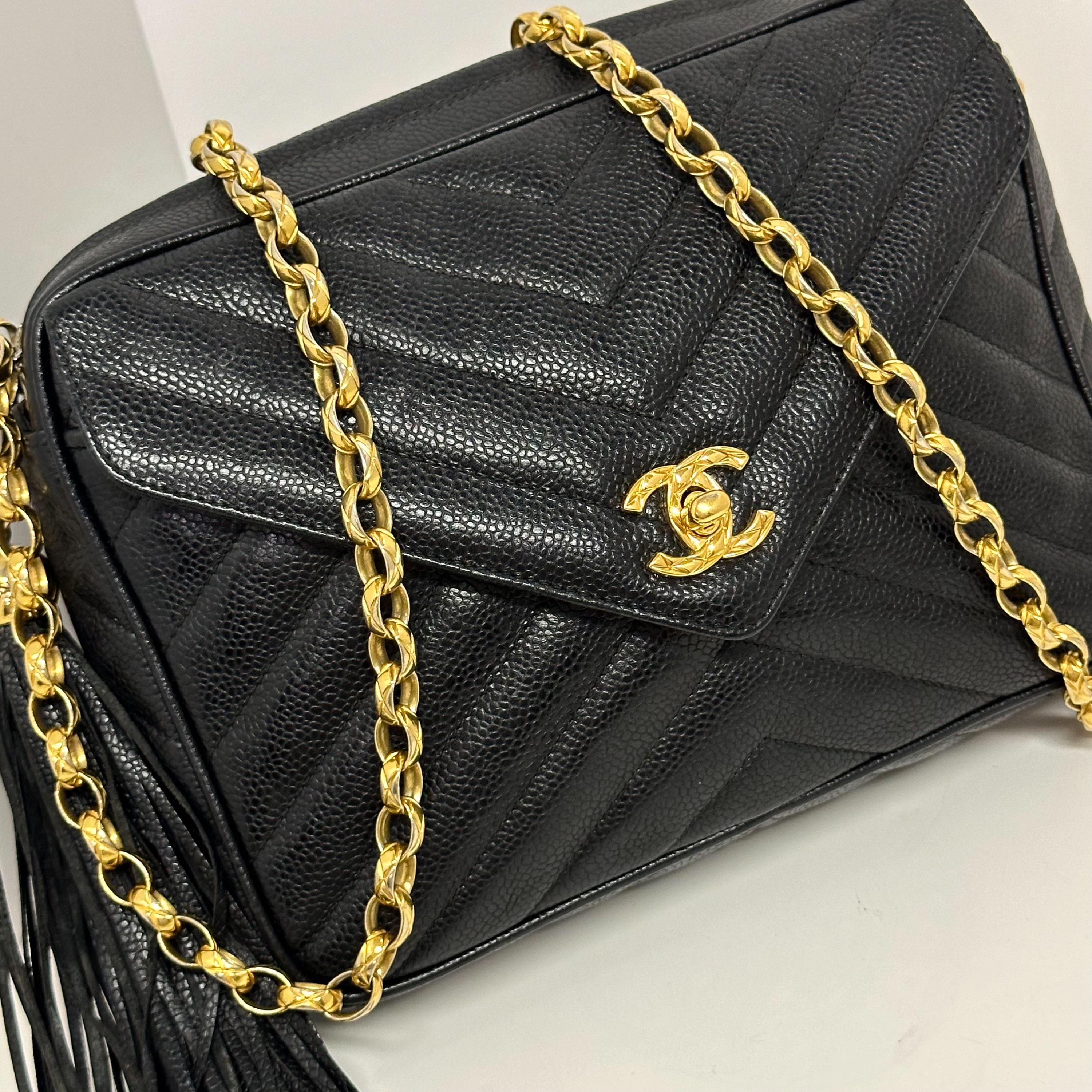 Vintage CHANEL Black Caviar Skin Chevron Tassel Crossbody