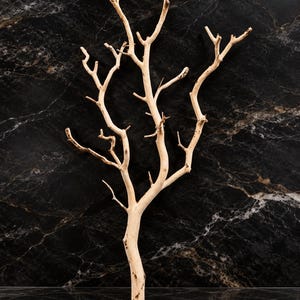May include: A light beige, smooth-textured decorative branch with multiple slender, upward-reaching twigs. The structure features a single main trunk that splits into several smaller, pointed branches, creating a natural, tree-like silhouette.