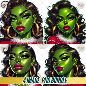 4 Beautiful Afro Black Grinch Png, Black Santa Girl Png,Melanin Grinch Black Grinch Divas, Girl Grinch Clipart Black Women Xmas ClipArt,