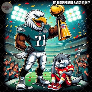 May include: A cartoon eagle wearing a green and white football jersey with the number 21 holds up the Super Bowl trophy. A cartoon wolf wearing a red and white jersey with the number 17 sits on the ground with its head in its hands. The background is a green football field with a crowd of people in the stands.
