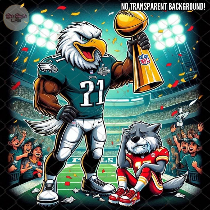 May include: A cartoon eagle wearing a green and white football jersey with the number 21 holds up the Super Bowl trophy. A cartoon wolf wearing a red and white jersey with the number 17 sits on the ground with its head in its hands. The background is a green football field with a crowd of people in the stands.