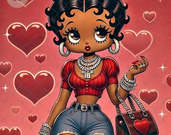 May include: A cartoon illustration of a woman with dark skin, black hair, and large eyes. She is wearing a red crop top, blue jeans with rips, and a gold chain necklace. She is holding a brown handbag with a heart-shaped design. The background is a pink and red pattern of hearts.