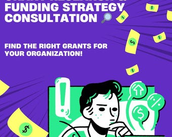 Op de afbeelding: Illustratie van een persoon die aan een computer zit en op zoek is naar subsidies. De persoon is omringd door dollartekens en een spreekballon met een uitroepteken. De tekst "SUBSIDIEONDERZOEK & FINANCIERINGSTRATEGIE CONSULTATION" staat bovenaan de afbeelding. De tekst "VIND DE JUISTE SUBSIDIES VOOR UW ORGANISATIE!" staat onder de illustratie.