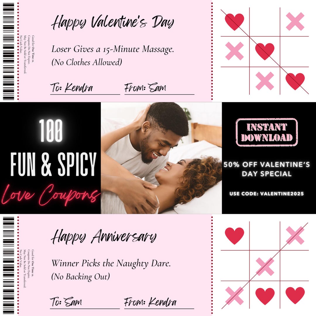 100 Fun &amp; Spicy Printable Love Coupons, Tic Tac Toe Card, Romantic Gift for Couples, Flirty Date ...