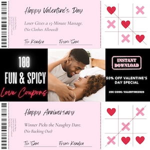 100 Fun & Spicy Printable Love Coupons, Tic Tac Toe Card, Romantic Gift for Couples, Flirty Date Night Game, Naughty Voucher for Him and Her