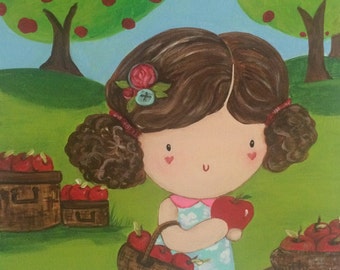 Apple picking, Children's wall art, Nursery art, Original art