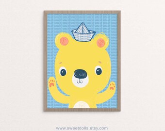 Nursery art, Cute yellow teddy bear, nursery wall art, unisex, printable, digital wall art, for baby or children room