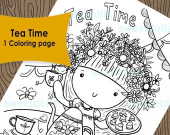 Fun tea party time coloring page, girls coloring page, fun activity