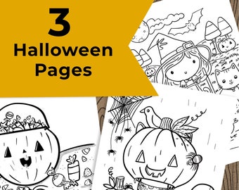 3 Cute Halloween Coloring pages, Kids downloadable coloring pages,