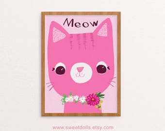 Nursery art, wall art,Meow pink cat, kids art, , cute printable  wall art for baby or children's room